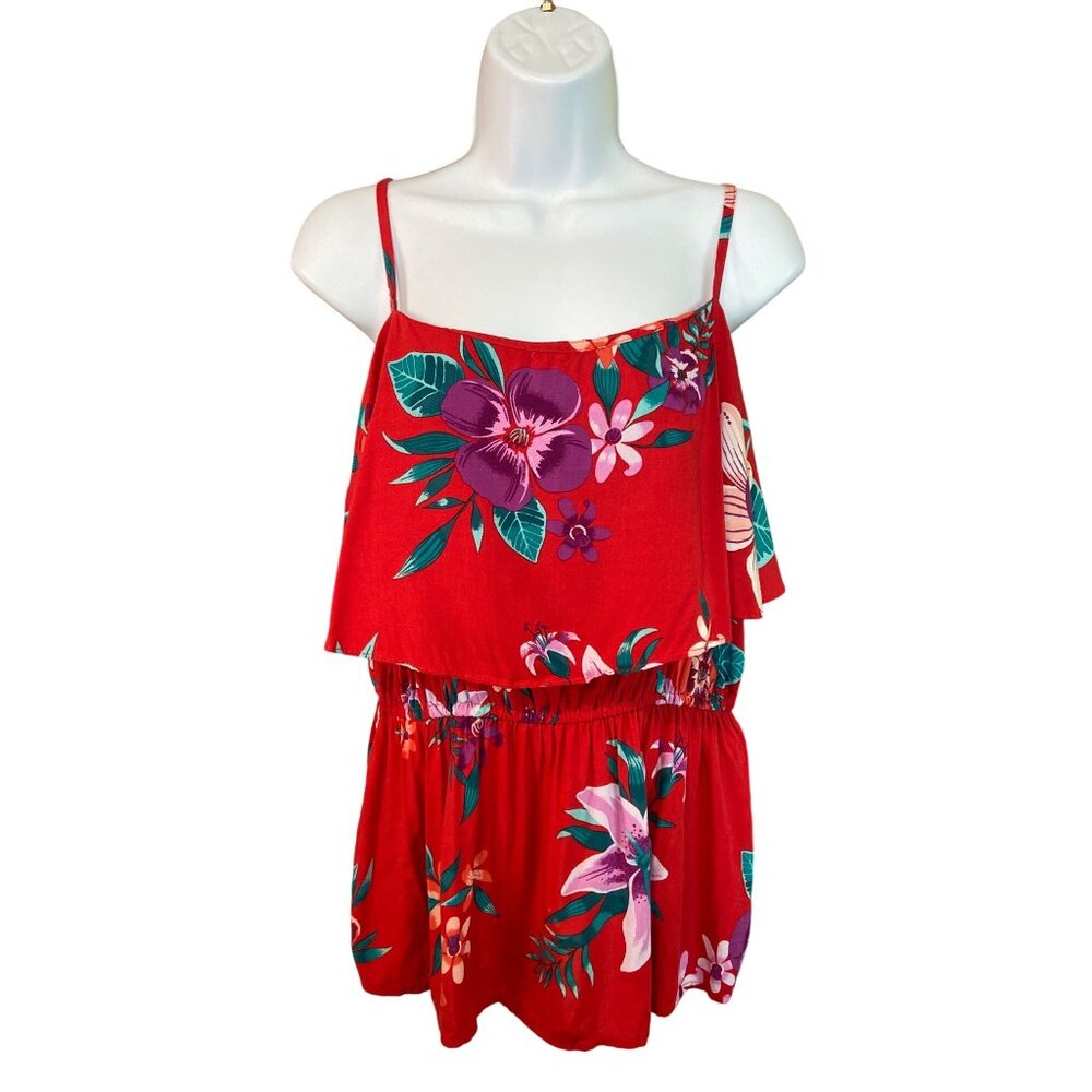 Old Navy Ruffle Y2K Cami Top L Adjustable Strap Red Floral Tropical Resort Beach